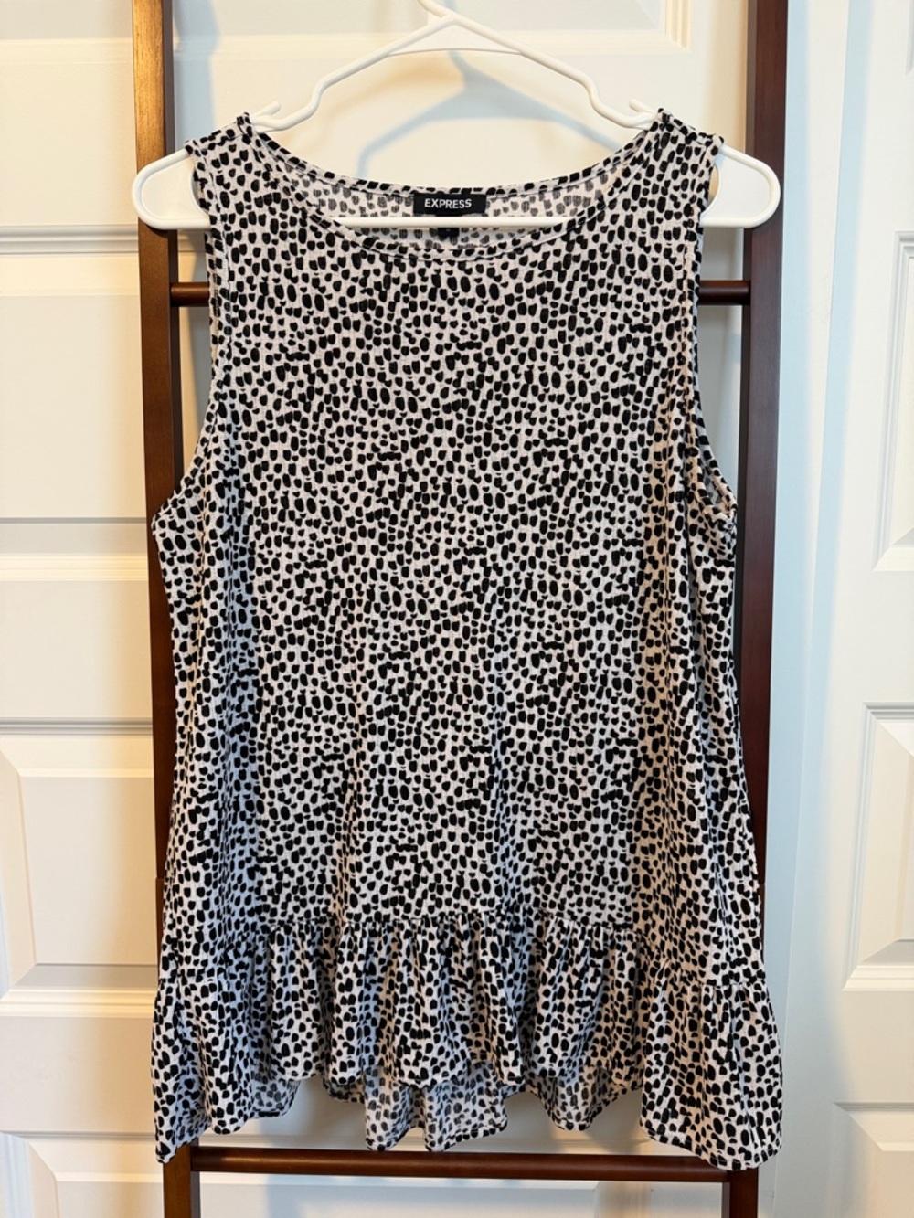 Express Black and White Sleeveless Ruffle-Hem Tank